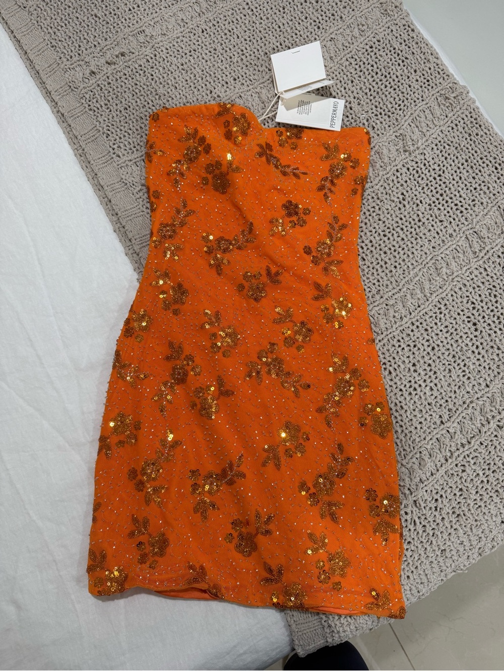 NWT PEPPERMAYO Strapless Orange Sequin Mini Dress size small